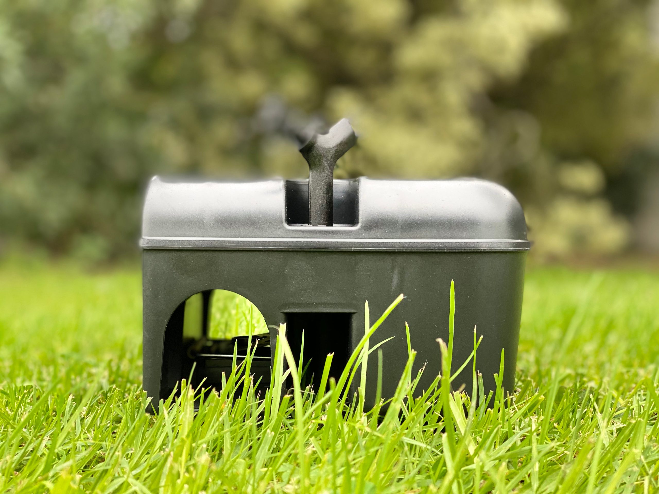 Run through rodent  bait station with a visible escape route for rats